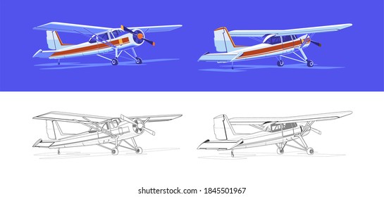 Avión de pistón de diferentes lados. Vista frontal y posterior. Avión civil en despegue. Un planeador regular de estilo vectorial. Dibujo de alta calidad. Técnica de coloreado. Dibujo de aeronaves. vector ilustrativo