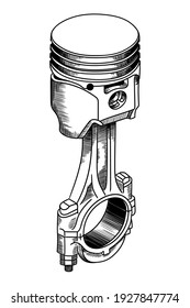 Piston assembly with connecting rod. Detail of a car internal combustion engine.