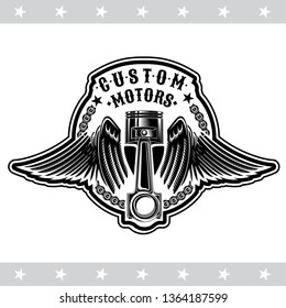 Piston between wings. Vintage design repair of car and motorcycle on white background