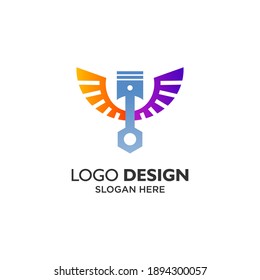 Piston and colorful wings for automotive logo design