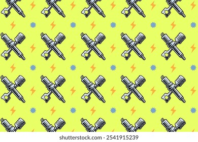 motif en forme de bougie croisée de piston sur fond vert. bougie d'allumage doodle avec arrière-plan motif harmonieux de symbole d'objet cylindrique. bouchon avec piston motif harmonieux pour décor, produit à usage commercial