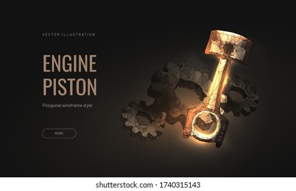 Piston engine car vector illustration isolated a black background wiht gear mechanism - Repair service or mechanic concept banner - Polygonal wireframe style