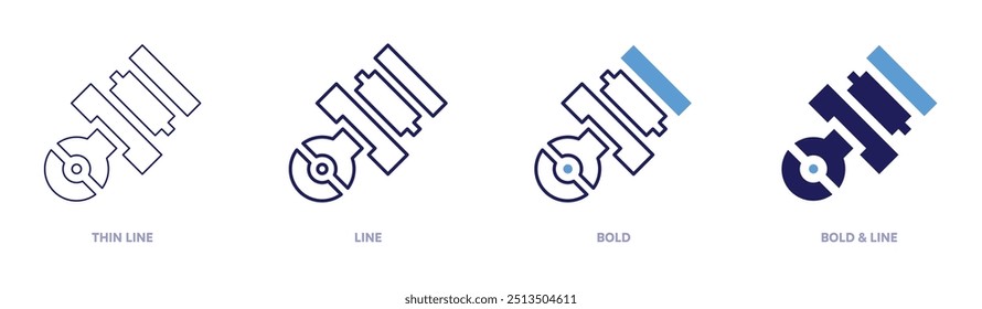 Icono del motor de pistón en 4 estilos diferentes. Línea delgada, línea, negrita y línea negrita. Estilo duotono. Trazo editable.