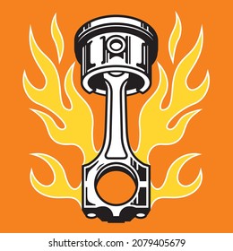 Piston with flames hot rod car part badge or emblem.
Vector illustration of a piston surrounded by classic hot rod pin striping flames.