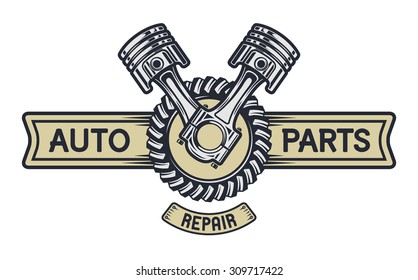 Piston, gear and space for text. Repair service emblem, signboard.