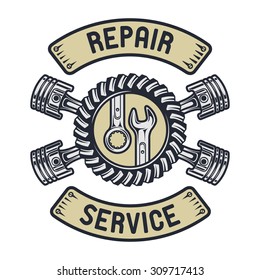 Piston, gear and wrenches. Repair service emblem