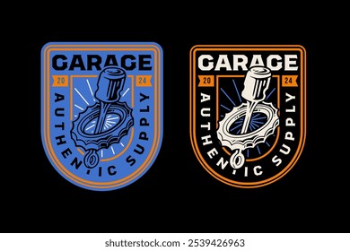 Pistón con mecanismo de engranajes Diseño de logotipo de insignia retro para garaje, taller, repuesto, deporte extremo. rueda dentada con emblema del motor de pistón colección de logotipo para corredor, motocicleta, piloto, mecánico 