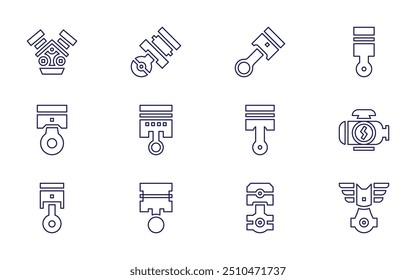 Ícone de pistão definido. Estilo da linha. Pistão, utensílios, motor, pistões.