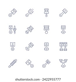 Juego de iconos de pistón. Icono de línea delgada. Trazo editable. Con pistón, motor, coche, vehículo, signo, icono, símbolo, lineal, contorno, línea, automóvil, ilustración, máquina, transporte, herramienta, trazo.