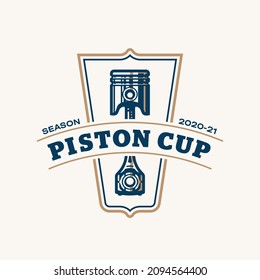 Piston logo template. Vintage style vector illustration element for retro design label. Suitable for garage, shops, tires, car wash, car restoration, repair and racing. Piston cup logo.