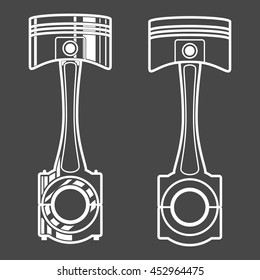 Piston, motorcycle car flat line style vector illustration. White isolated on black background. Transportation, motorcycle iron parts