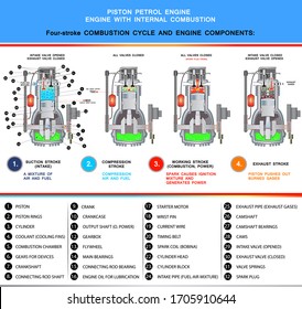 Piston petrol engine, structural cross section and four stroke combustion cycle in basic design for education