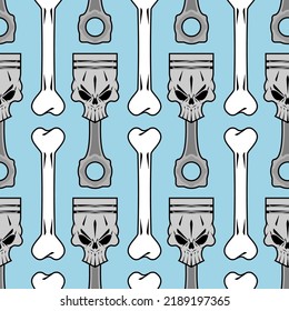 Piston skull background of motorcycle club. Piston skeleton pattern Biker club.
