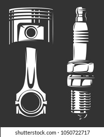 piston and spark plug on black background