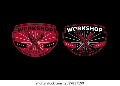 Pistón con bujía Fuego cruzado Diseño de logotipo de insignia retro para garaje, pieza de repuesto, deporte extremo. cilindro con bujía Llama cruzado Emblema Logo colección para corredor, motocicleta, ciclista 