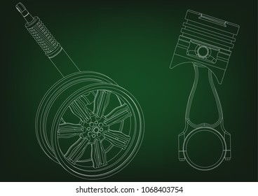 piston and wheel with shock absorber on a green background. 3d model