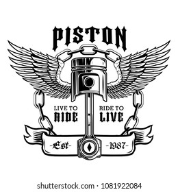 Piston and Wings Black and White Emblem Vector Illustration