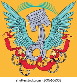piston with wings and red ribbons in motorcycle style