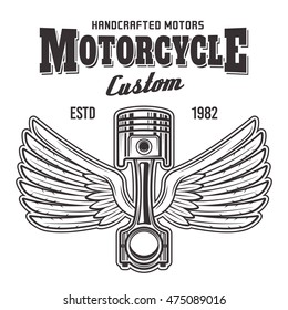 Piston with wings and sample text vector monochrome detailed illustration isolated on white background. Motorcycle custom motor service emblem