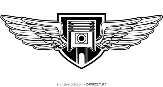 Piston and wings vector illustration. Automotive logo badge template,biker t-shirt,motorcycle emblem.