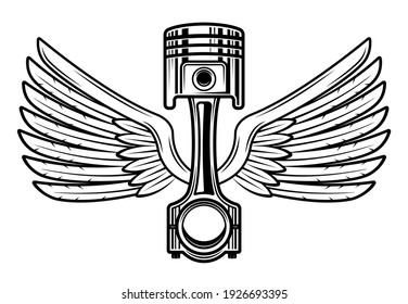 Piston with wings vector vintage black and white illustration in isolated on white background