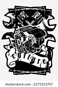 piston and wrench car engine design vector for black and white t-shirt