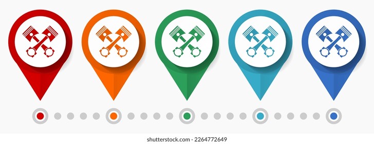 Pistons, auto repair concept vector icon set, flat design car service pointers, infographic template easy to edit