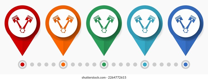 Pistons, auto service concept vector icon set, flat design car repair pointers, infographic template easy to edit