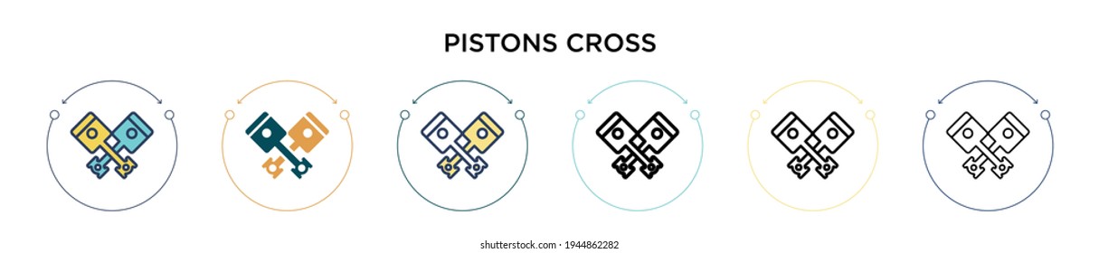 Pistons cross icon in filled, thin line, outline and stroke style. Vector illustration of two colored and black pistons cross vector icons designs can be used for mobile, ui, web