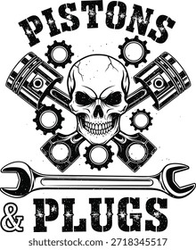 Pistones tapones mecánico cráneo Ilustración vectorial motor reparación tipografía auto garaje concepto aislado negro en insignia transparente para el servicio de automóviles y la industria automotriz