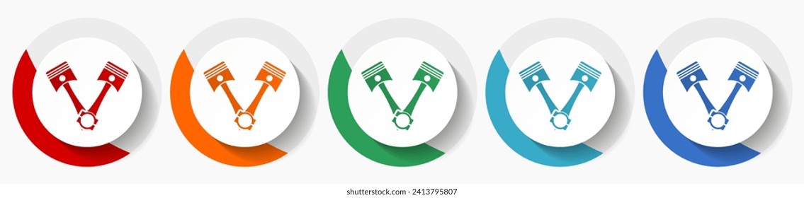 Pistons vector icon set, flat icons for logo design, webdesign and mobile applications, colorful round buttons