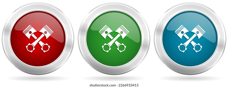 Pistons vector icon set. Red, blue and green silver metallic web buttons with chrome border