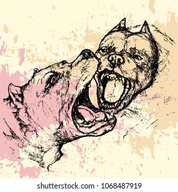 Pit Bull Attack Hand Draw Illustration