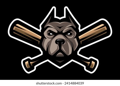 Pit Bull and crossed baseball bats. Fighting dogs symbol, sport mascot. T-shirt print.