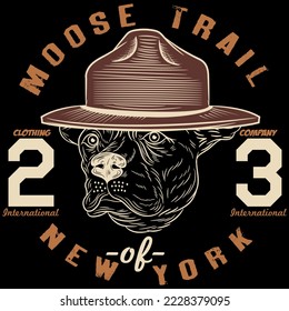 Ránger del bosque de perros de toro con tapa N Y. y texto Moose Trail New York estilo camiseta de moda.