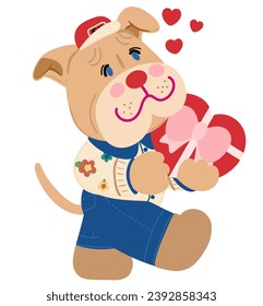 Pit bull dog holding a heart-shaped gift box