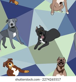 Pit bull dog on a mosaic geometric background. Funky, colorful vibe, rainbow colors palette. Simple, clean, modern texture.Geometric, polygon style. Summer seamless pattern with Pitbull dogs.Triangles