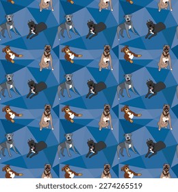 Pit bull dog on a mosaic geometric background. Funky, colorful vibe, rainbow colors palette. Simple, clean, modern texture.Geometric, polygon style. Summer seamless pattern with Pitbull dogs.Triangles