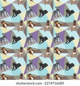 Pit bull dog on a mosaic geometric background. Funky, colorful vibe, blue colors palette. Simple, clean, modern texture.Geometric, polygon style. Summer seamless pattern with Pitbull dogs.Triangles