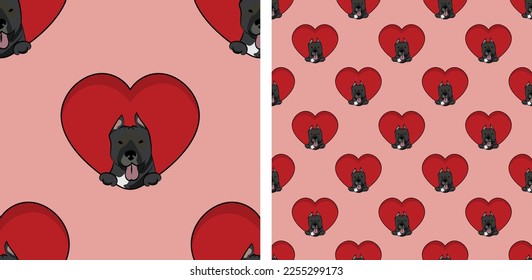 Pit bull dog with paws pattern, Valentine's day red heart wallpaper. Love heart with pet head holiday texture. Dog face Holding Heart Cartoon square background. St Valentine's day present paper.
