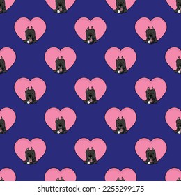 Pit bull dog with paws pattern, Valentine's day pink heart wallpaper. Love heart with pet head holiday texture. Dog face Holding Heart Cartoon square background. St Valentine's day present paper.
