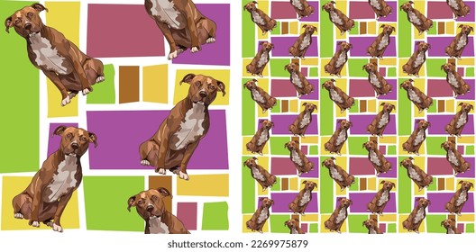 Pit Bull dog summer bright wallpaper. Holiday abstract shapes square seamless background, repeatable pattern. Birthday wallpaper, Christmas present, print tiles. Simple puzzle with dogs, for pet lover