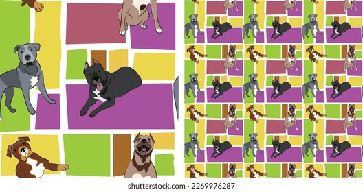 Pit Bull dog summer bright wallpaper. Holiday abstract shapes square seamless background, repeatable pattern. Birthday wallpaper, Christmas present, print tiles. Simple puzzle with dogs, for pet lover