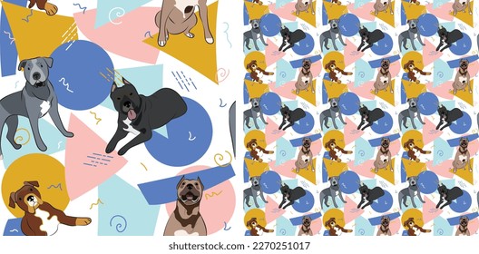 Pit Bull dog summer pastel wallpaper. Holiday abstract circles, squares, spirals, confetti. seamless background, repeatable pattern. Birthday wallpaper, Christmas present, print tiles. Geometric style