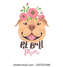 Pit Bull Mom. Image of happy mother dog. American Staffordshire Pitbull Terrier face. Vector illustration.