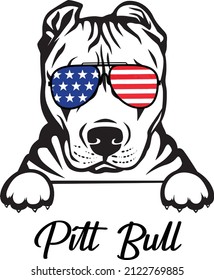 Pit Bull Peeking Hund mit US-amerikanischer Flagge auf Sonnenbrille Vektorbild Silhouette skizziert