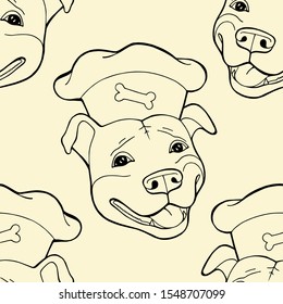 Pit bull Terrier in a chef's cap. Seamless pattern, digital paper Vector illustration. Vector logo pure-bred