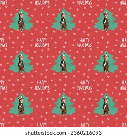 Pit Bull terrier dog Christmas seamless pattern. Popular repeatable winter background. Happy Howlidays Dog Christmas Card for dog lovers.Abstract texture with terrier, tree, snowflakes. Cartoon style.