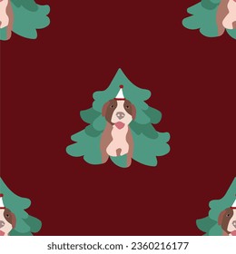 Pit Bull terrier dog Christmas seamless pattern. Popular repeatable winter background. Happy Howlidays Dog Christmas Card for dog lovers.Abstract texture with pooch, tree, snowflakes. Cartoon style.