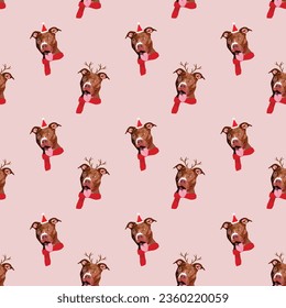 Pit Bull Terrier dog Christmas seamless pattern. Repeatable winter background. Happy Howlidays Dog Christmas Card for dog lovers. Abstract texture with Pittie in Santa hat and scarf. Cartoon style.